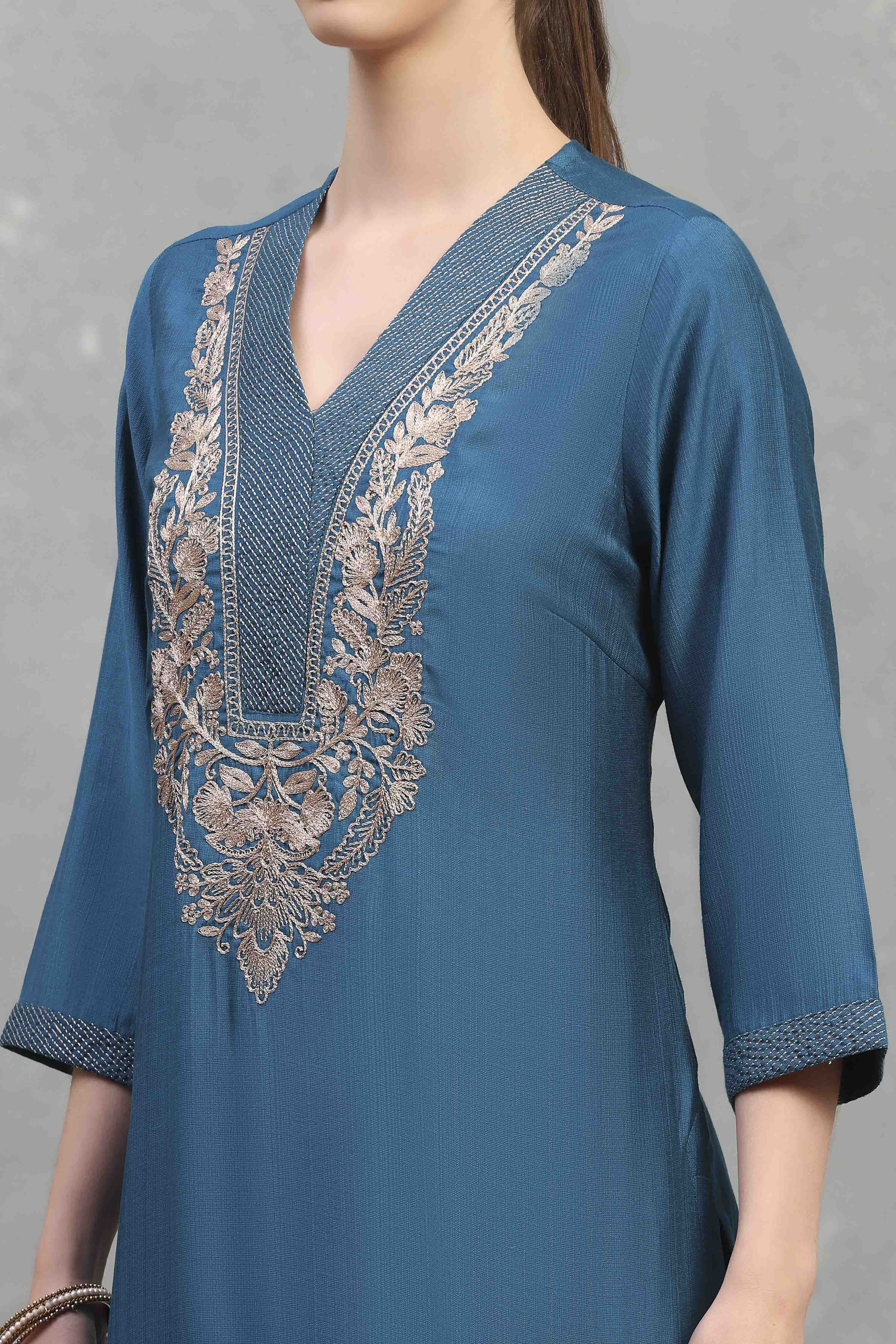 Teal Viscose Blend Solid Straight Kurta image number 1