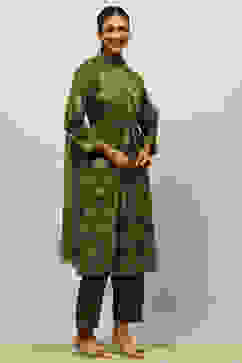 Green Viscose Blend Gathered Printed Kurta Salwar Suit Set image number 5