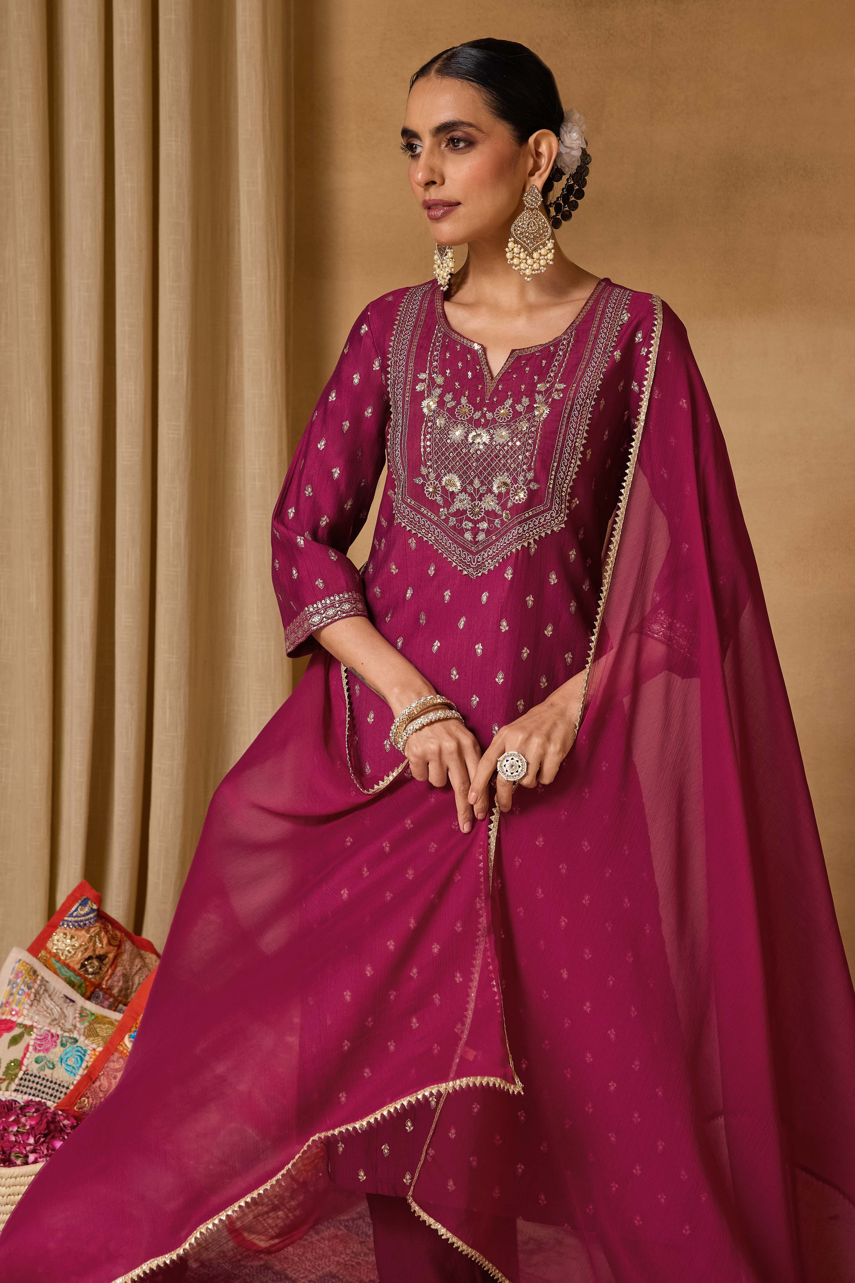 Maroon Viscose Blend Straight Printed Suit Set image number 8