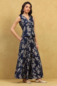 Indigo Blue Viscose Blend Printed Crop Top & Blouse Top Palazzo Set image number 5