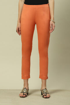 Peach Poplin Lycra Slim Solid Slim Pants image number 5