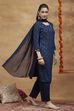 Blue Viscose Rayon Straight Printed Suit Set image number 4