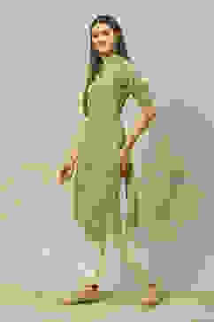 Green LIVA Blend Straight Printed Kurta image number 2