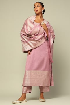 Lavender Acrylic Straight Yarn Dyed Kurta Palazzo Suit Set image number 0