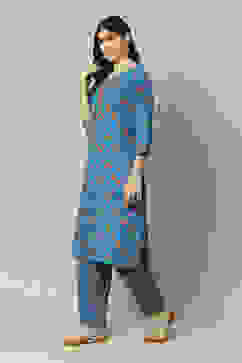 Coblt Blue LIVA Straight Printed Kurta Palazzo Suit Set image number 3