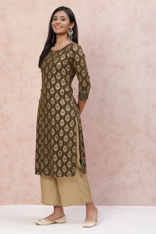 Olive Green Viscose Straight Kurta image number 3