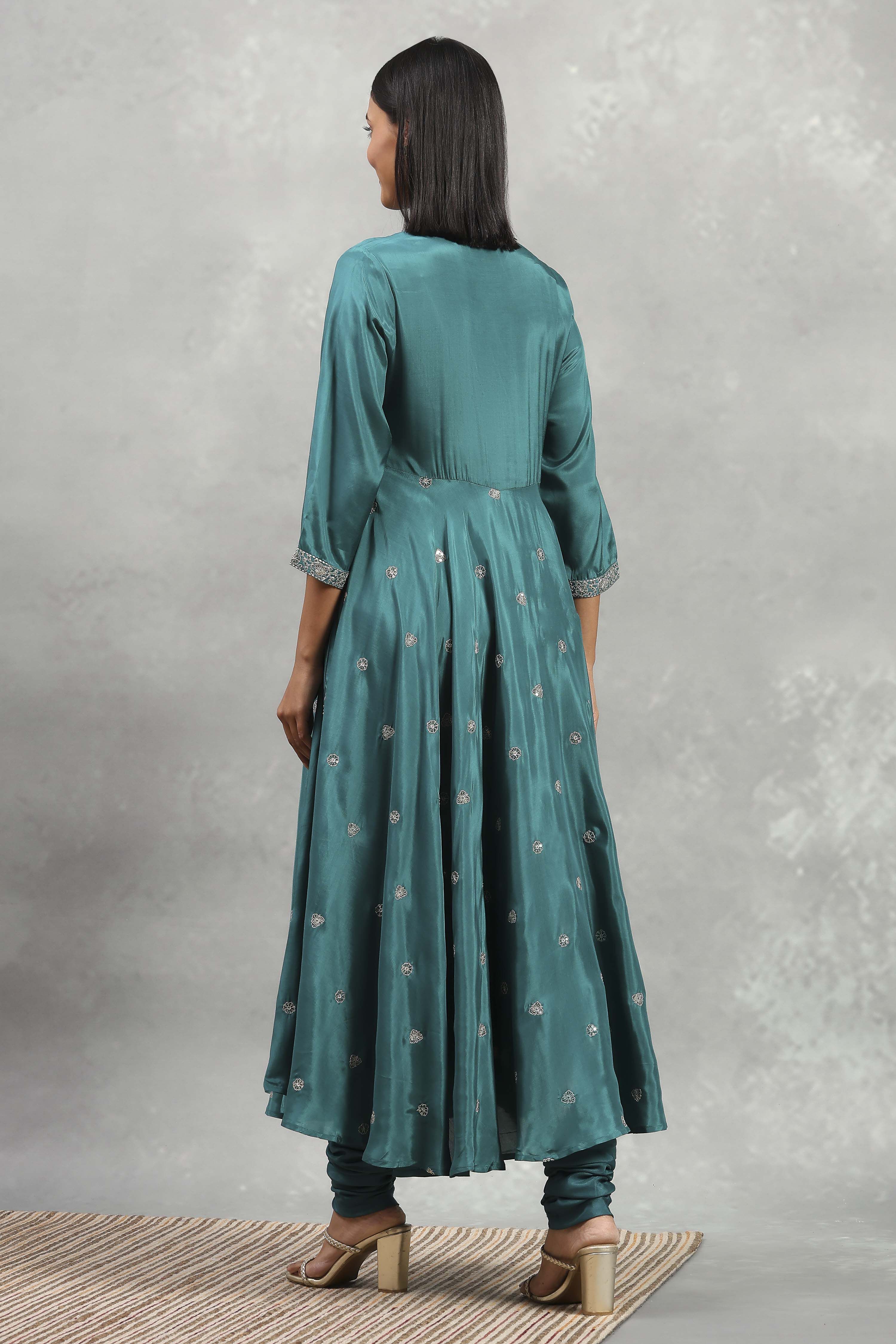 Teal Green Viscose Rayon Embroidered Anarkali Suit Set image number 4