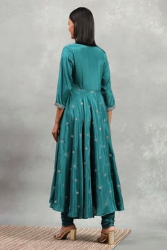 Teal Green Viscose Rayon Embroidered Anarkali Suit Set image number 4
