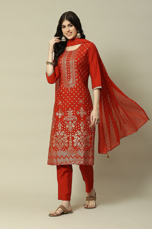 Rust LIVA Straight Printed Kurta Palazzo Suit Set image number 0