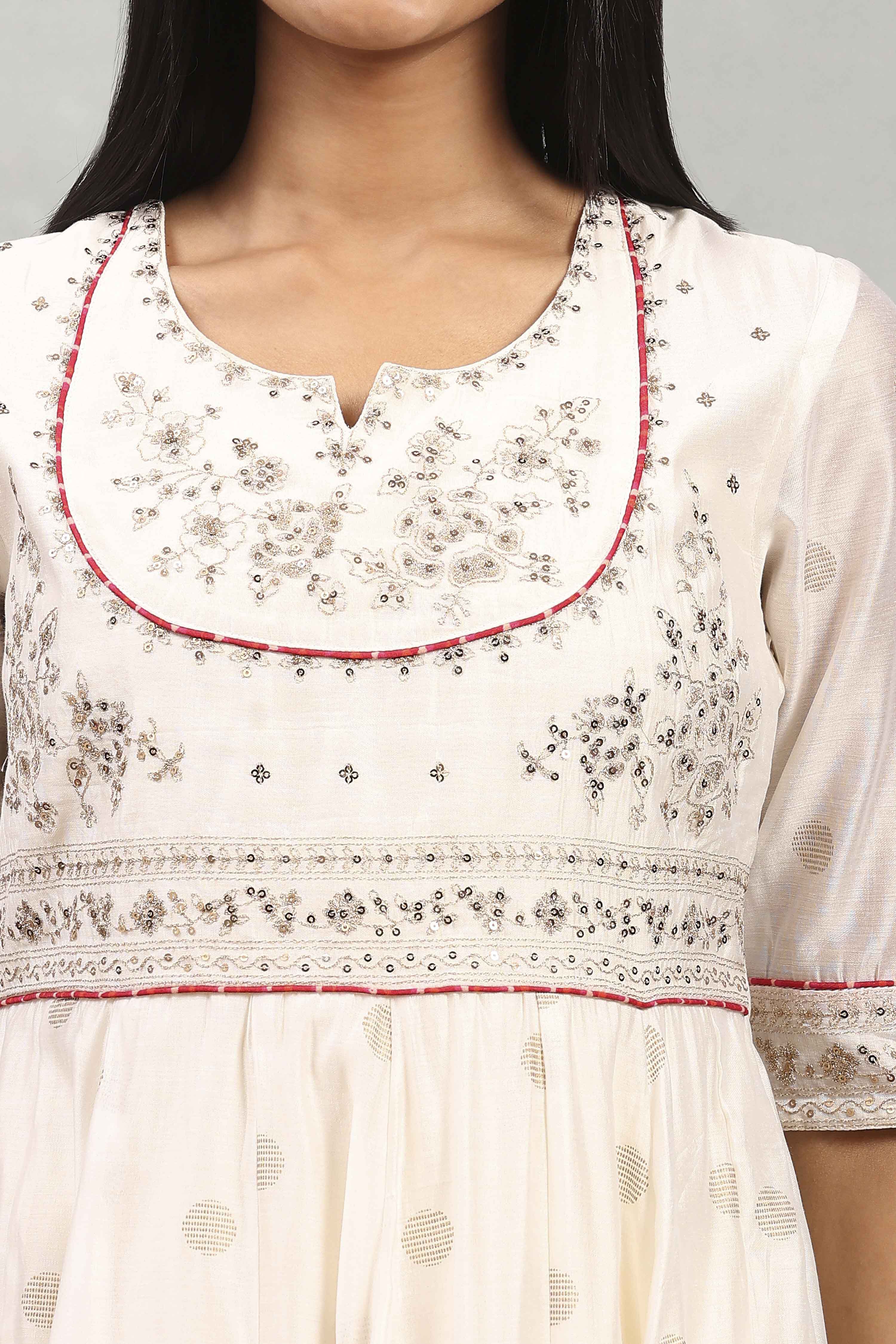 Off White Viscose Blend Printed Kalidar Suit Set image number 1