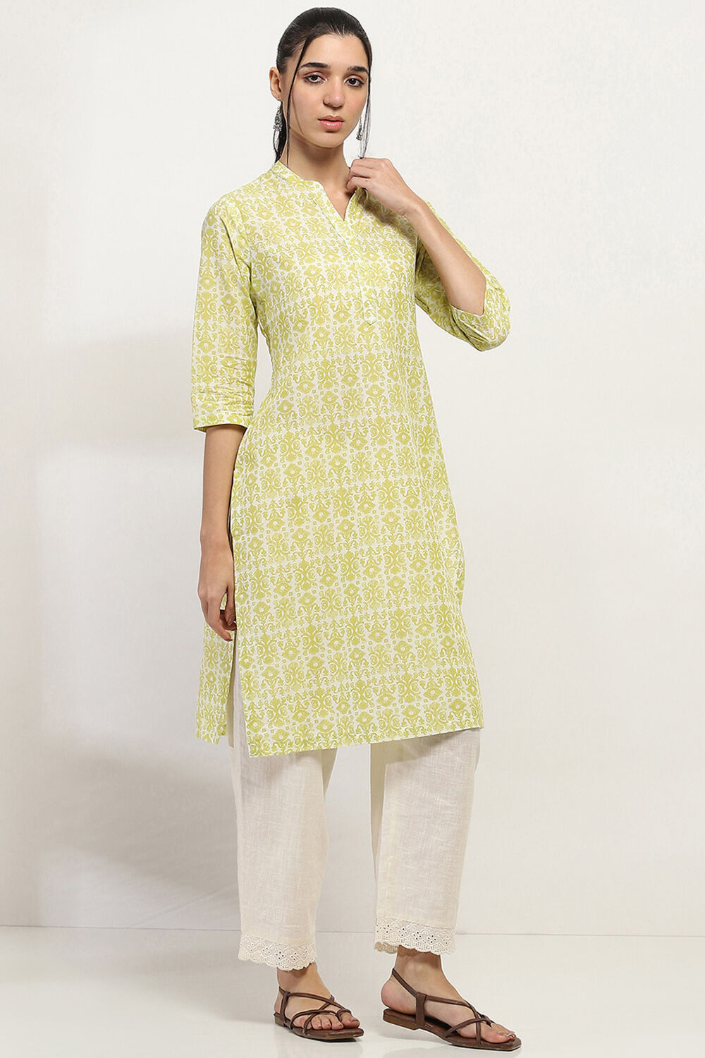 Lime Cotton Printed Straight Kurta image number 4