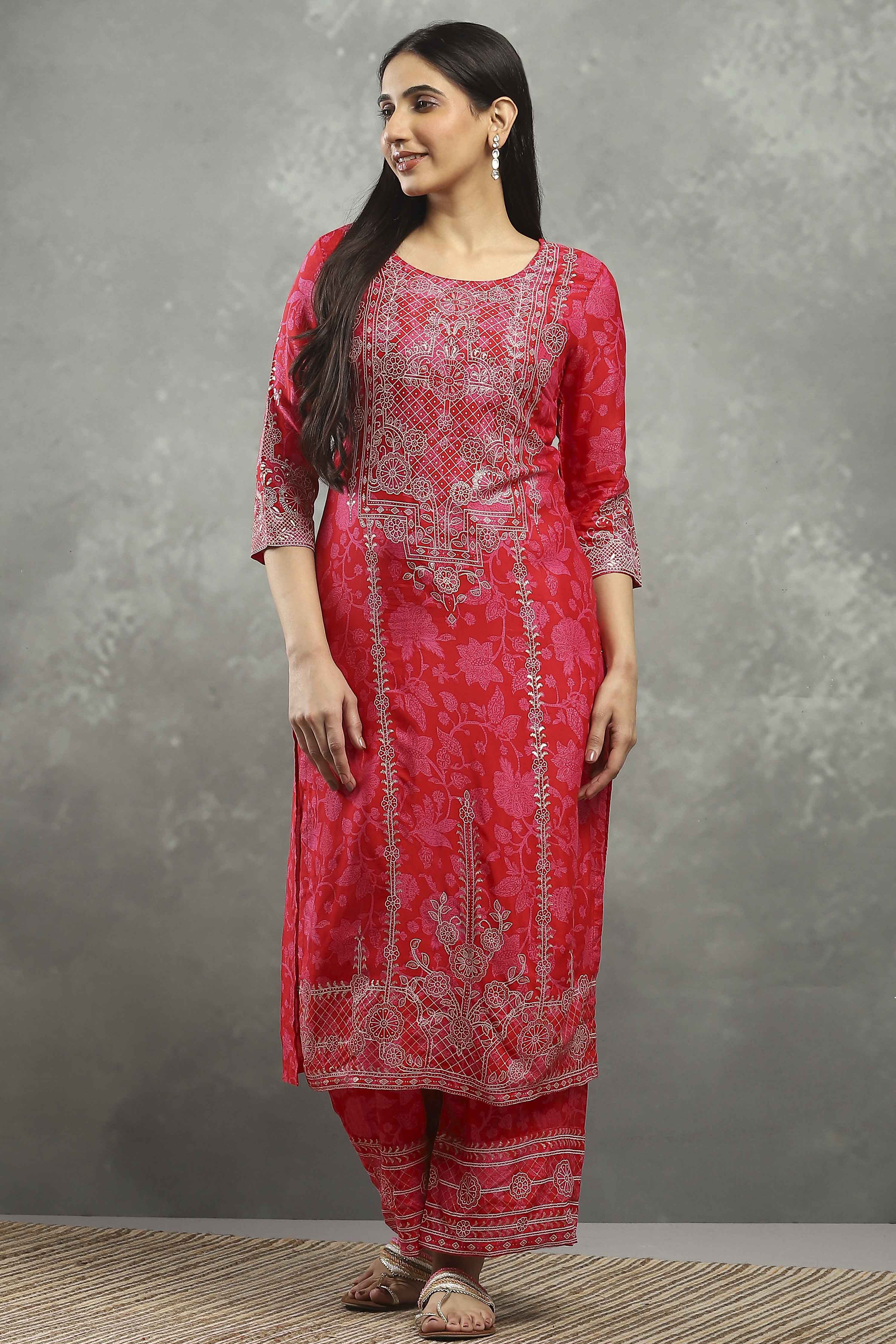 Pink Viscose A-line Kurta Pants Set image number 6