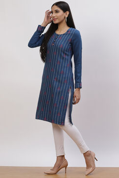 Teal Blue Poly Cotton Straight Kurta image number 3