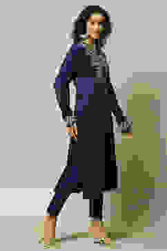 Cobalt Blue Acrylic Straight Solid Kurta image number 4