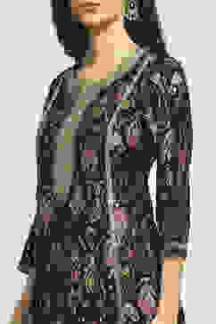 Black Viscose Blend Printed A-Line Kurta Pants Set image number 1