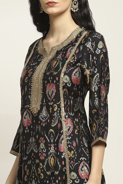 Black Viscose Blend Printed A-Line Kurta Pants Set image number 1