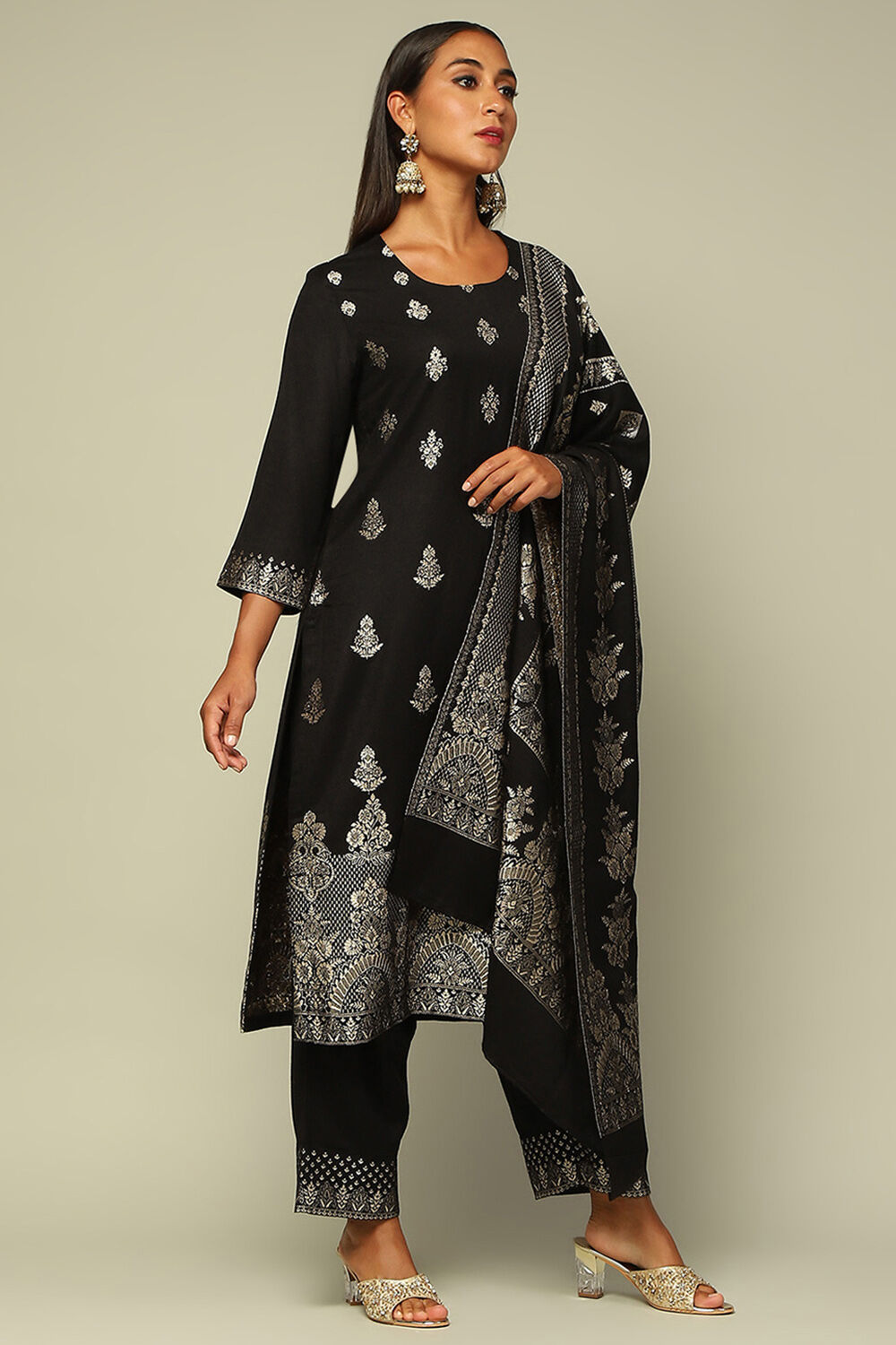 Black Acrylic Straight Yarn Dyed Kurta Palazzo Suit Set image number 5