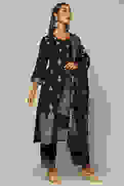 Black Acrylic Straight Yarn Dyed Kurta Palazzo Suit Set image number 5