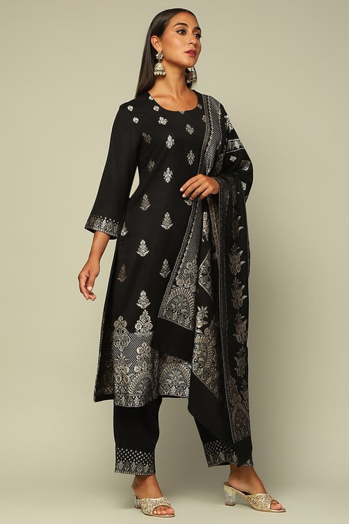 Black Acrylic Straight Yarn Dyed Kurta Palazzo Suit Set image number 5