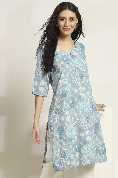 Blue Viscose Rayon Printed Straight Kurta image number 0
