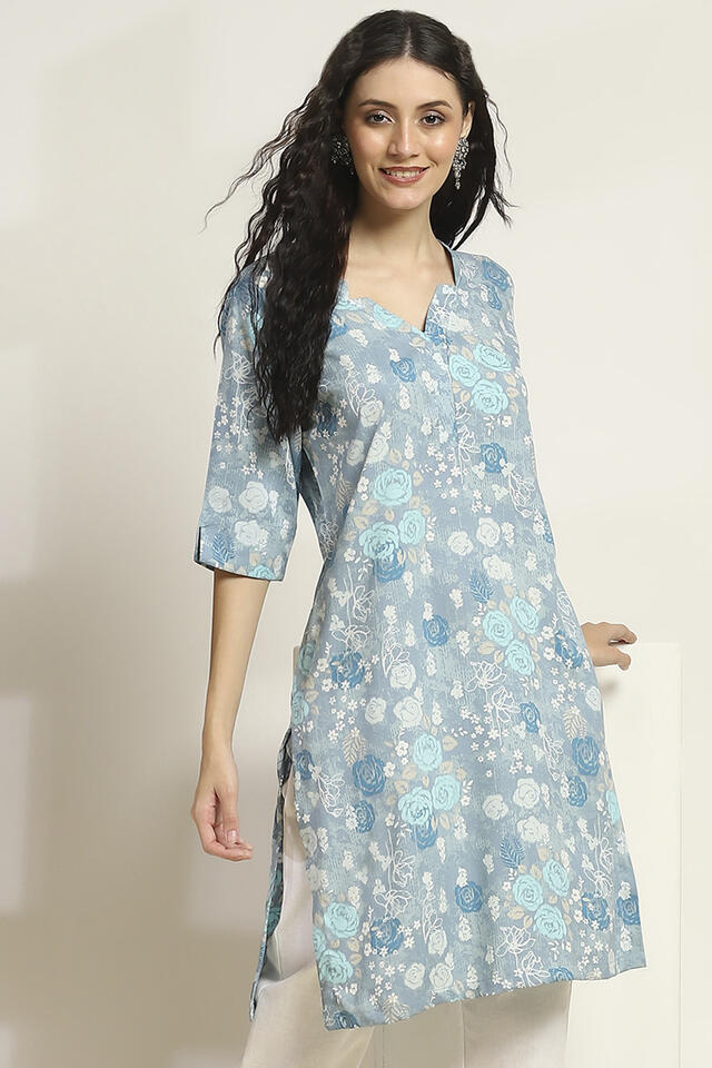 Rangriti Rayon Printed Straight Kurta in Blue