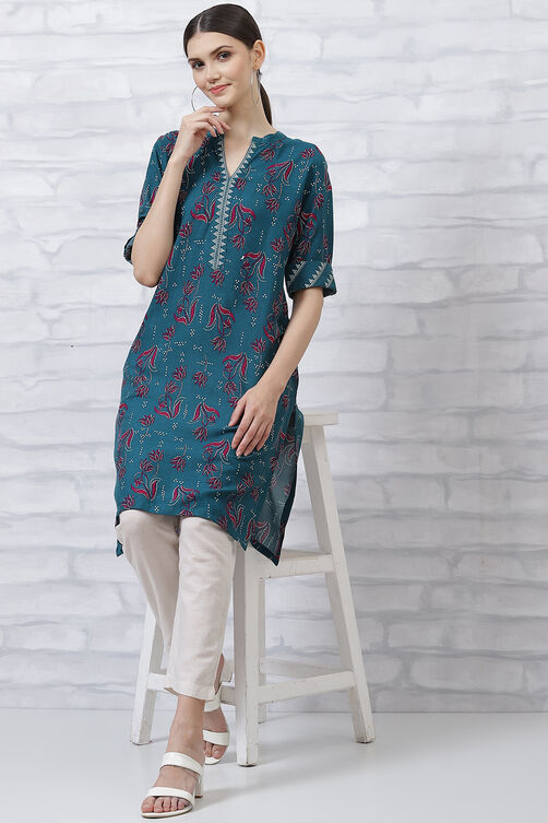 Teal Blue LIVA Straight Kurta image number 5