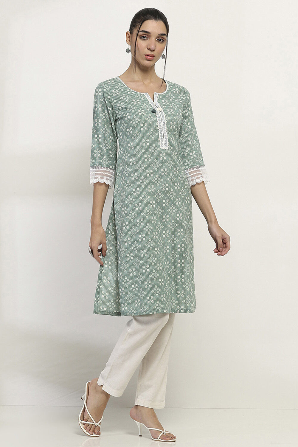 Sage Green Cotton Printed Straight Kurta image number 6