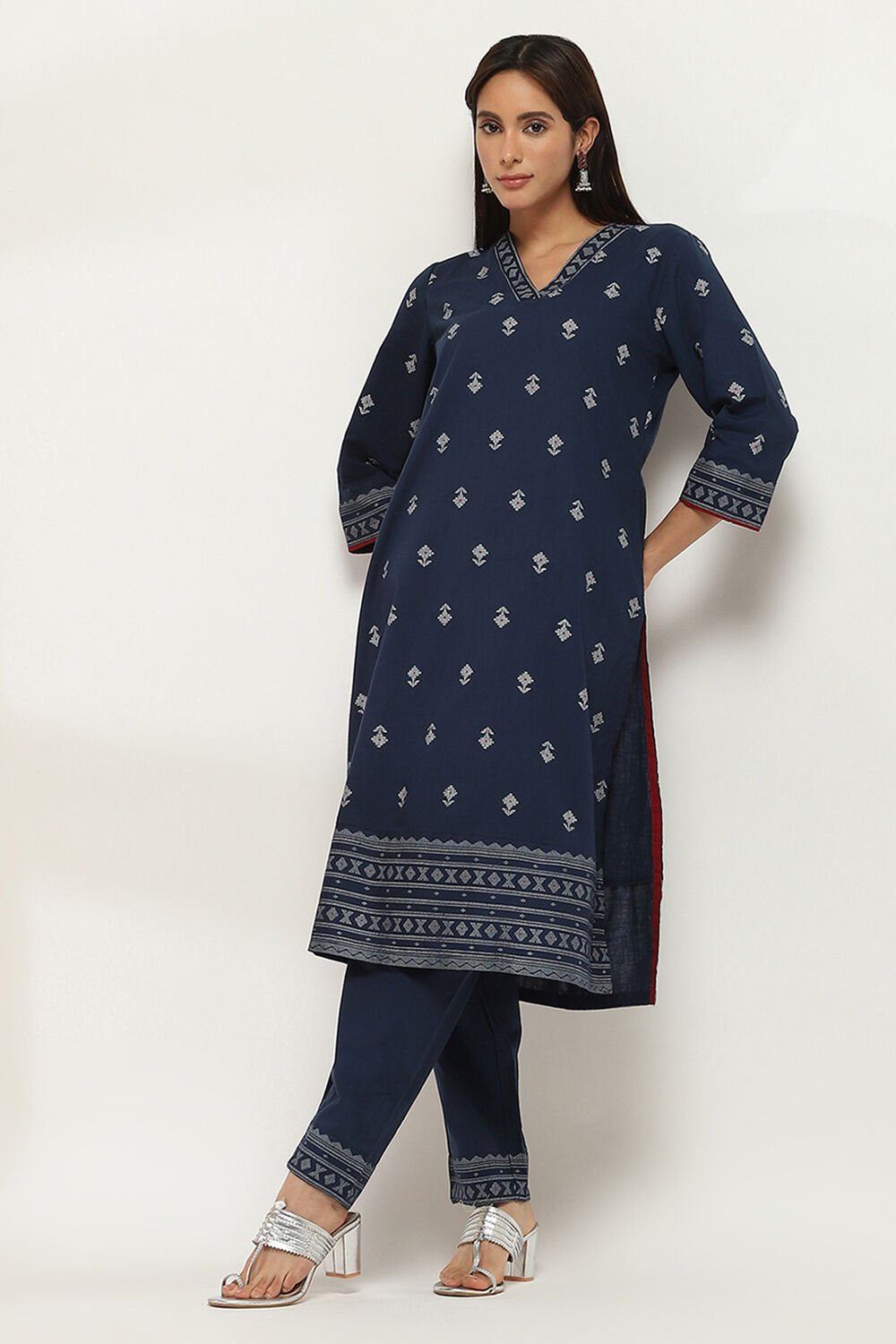 Navy Blue Cotton Printed Straight Kurta Set image number 0