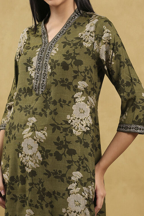 Green Viscose Blend Printed Straight Kurta Pants Set image number 1