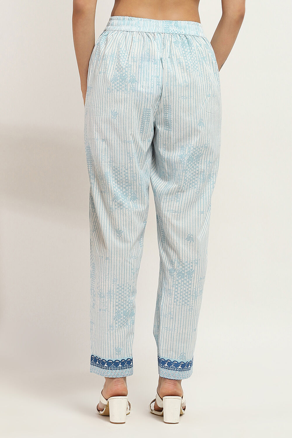 White and Blue Cotton Printed Regular Pants image number 5
