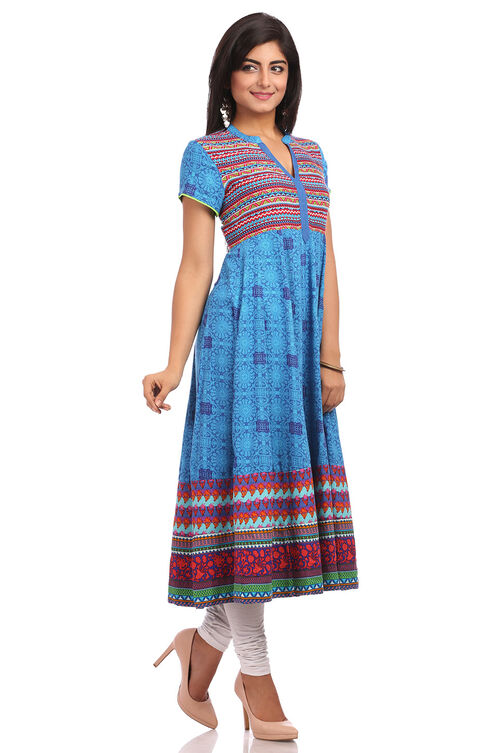 Blue Flared Cotton Kurta image number 2