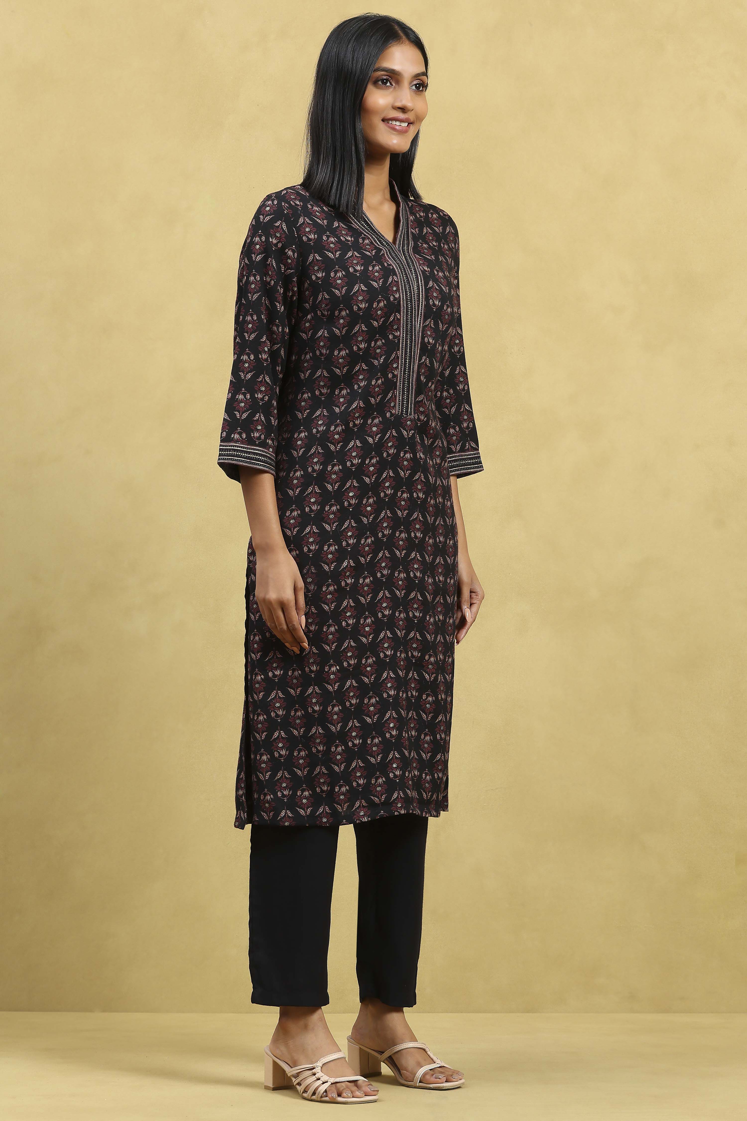 Brown Viscose Blend Printed Straight Kurta Pants Set image number 5