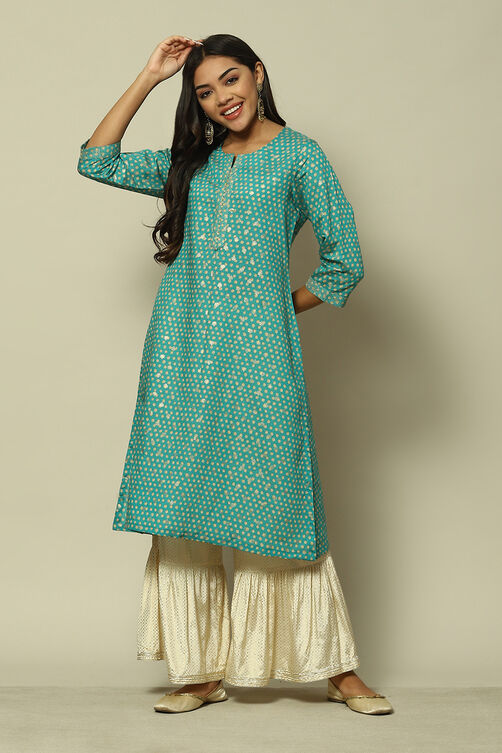 Aqua Blue Viscose Straight Printed Kurta image number 0