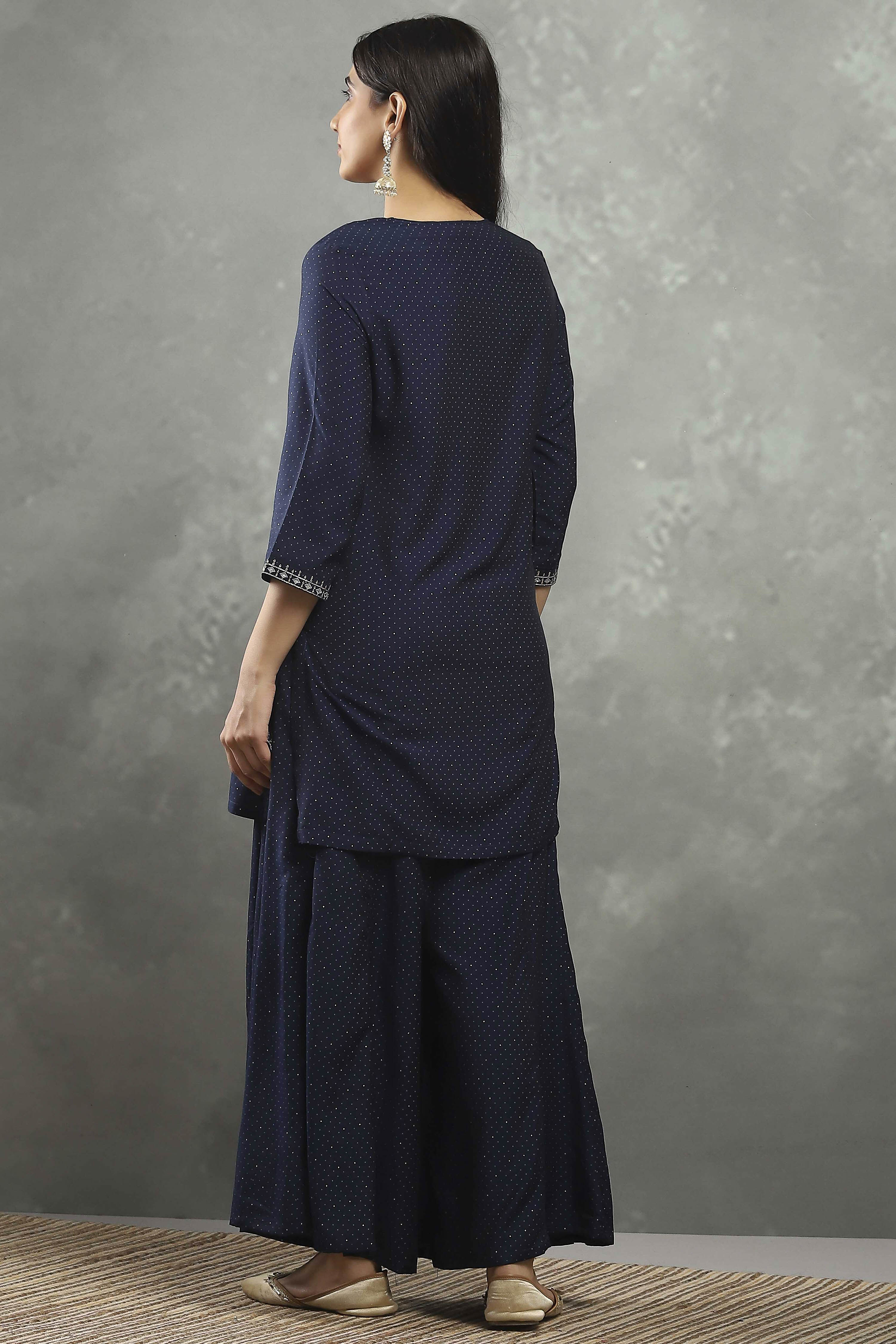 Indigo Blue Viscose Blend Printed Straight Sharara Suit Set image number 4