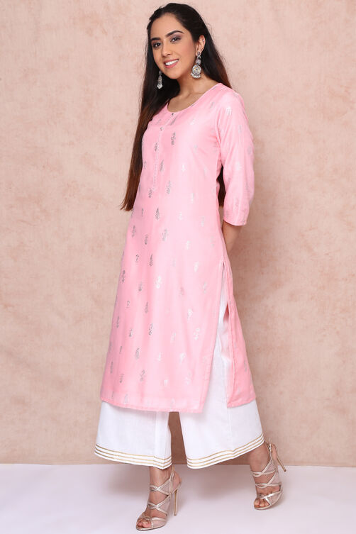 Peach Polyester Straight Kurta image number 1