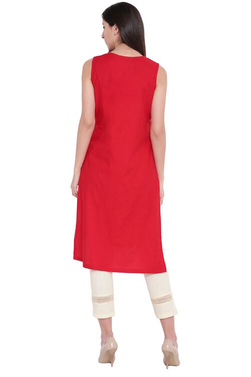 Red Cotton Straight Kurta image number 4
