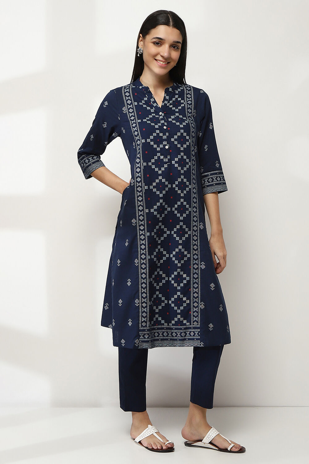 Navy Blue Cotton Printed Straight Kurta image number 4