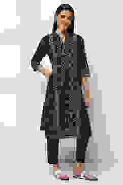 Navy Blue Cotton Printed Straight Kurta image number 4