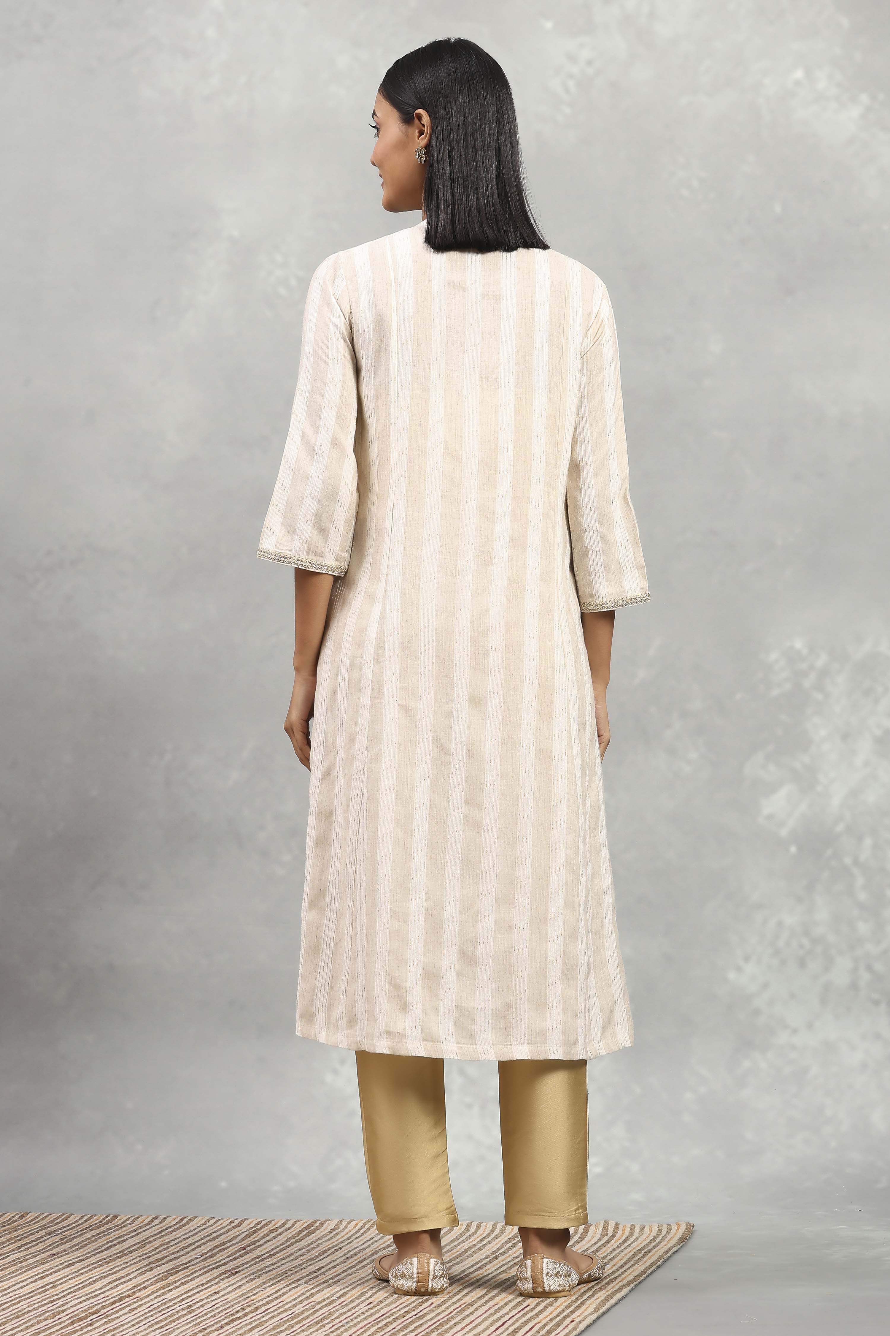 Beige Cotton Yarndyed Straight Kurta image number 3