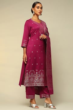 Phalsa Acrylic Straight Yarn Dyed Kurta Palazzo Suit Set image number 5