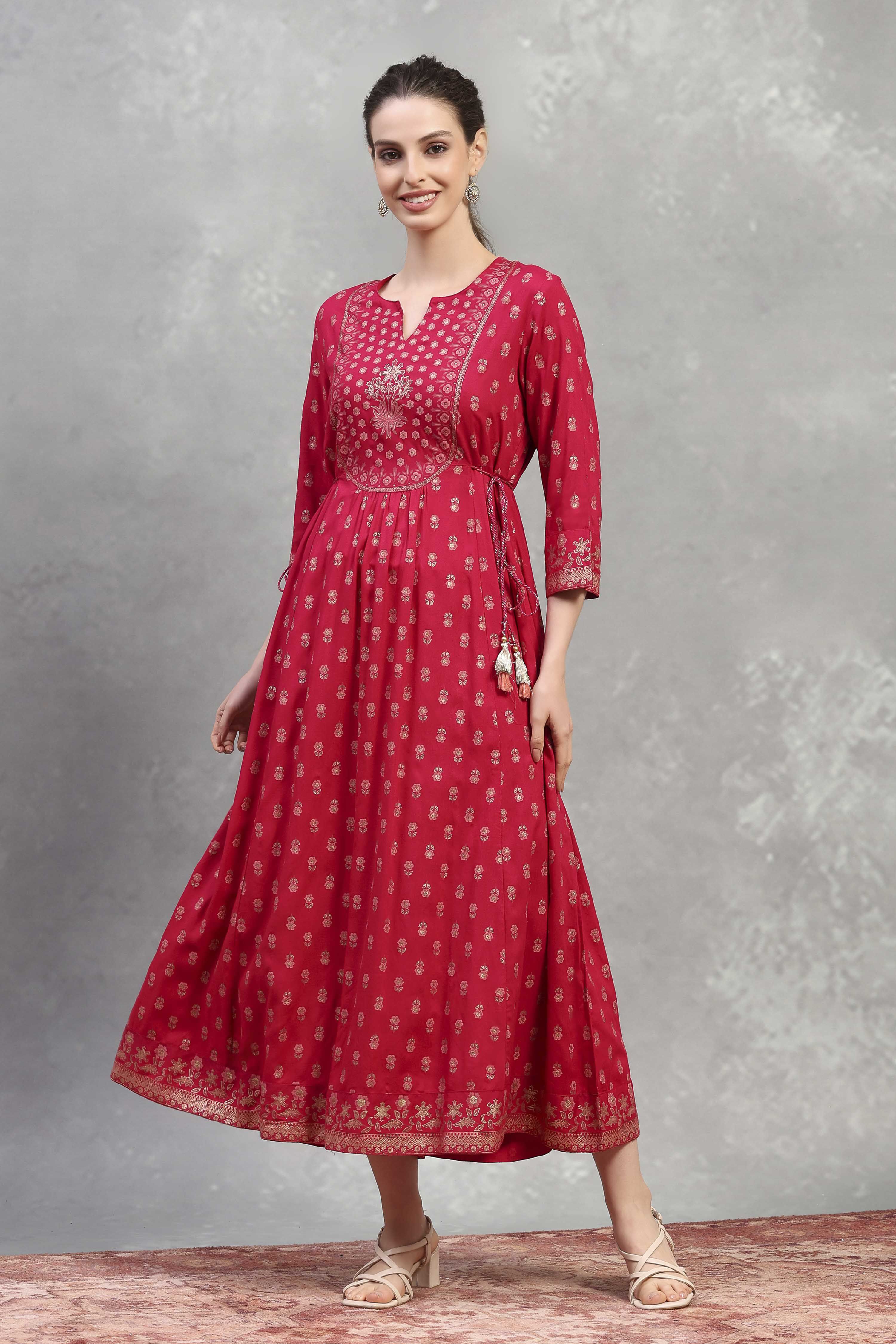 Pink Viscose Rayon Printed Flared Dress image number 5