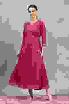 Pink Viscose Rayon Printed Flared Dress image number 5