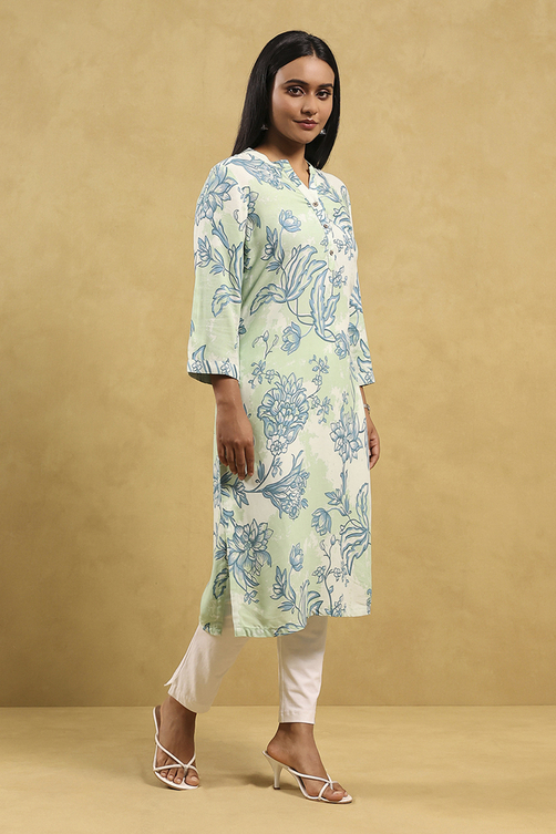 Sea Green Printed Straight Kurta image number 4