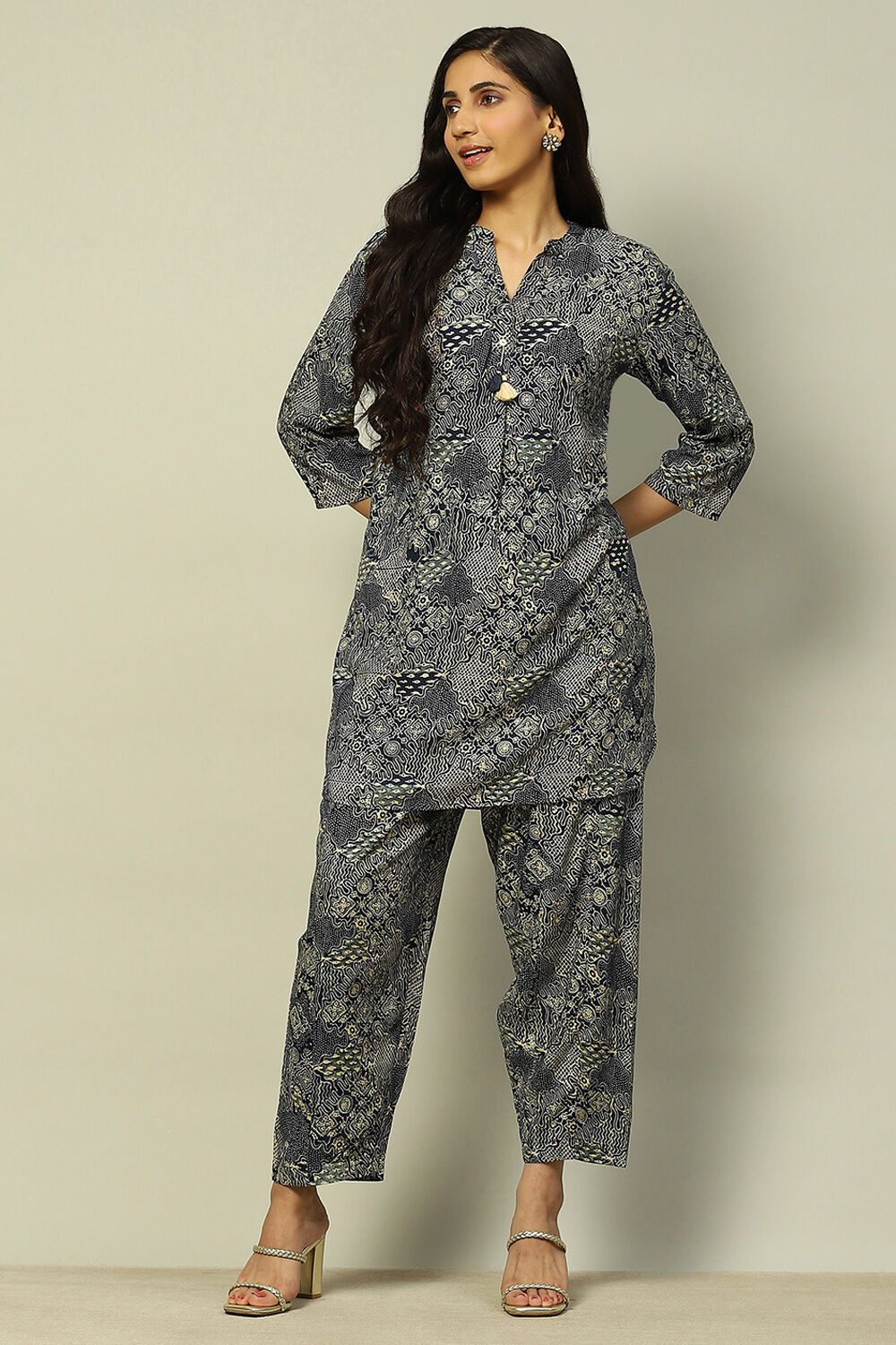 Navy Blue Printed Straight Kurta Pants Co-ord Set image number 0