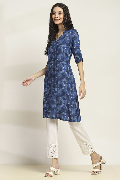 Indigo Viscose Rayon Printed Straight Kurta image number 2