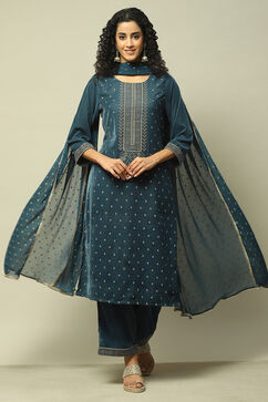 Teal Polyester Straight Printed Kurta Palazzo Suit Set image number 0