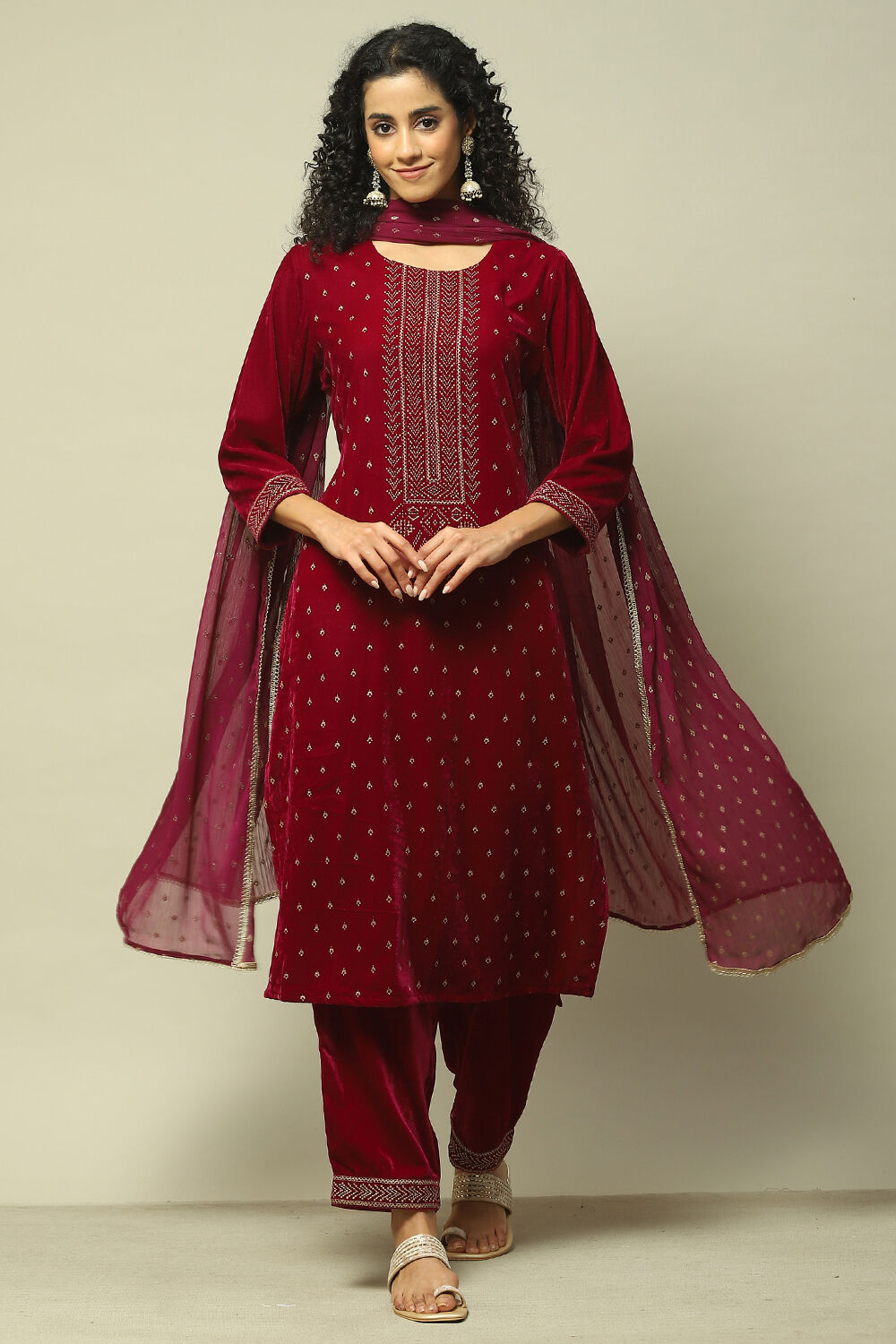 Buy Wine Polyester Straight Printed Kurta Palazzo Suit Set 3N by Rangriti