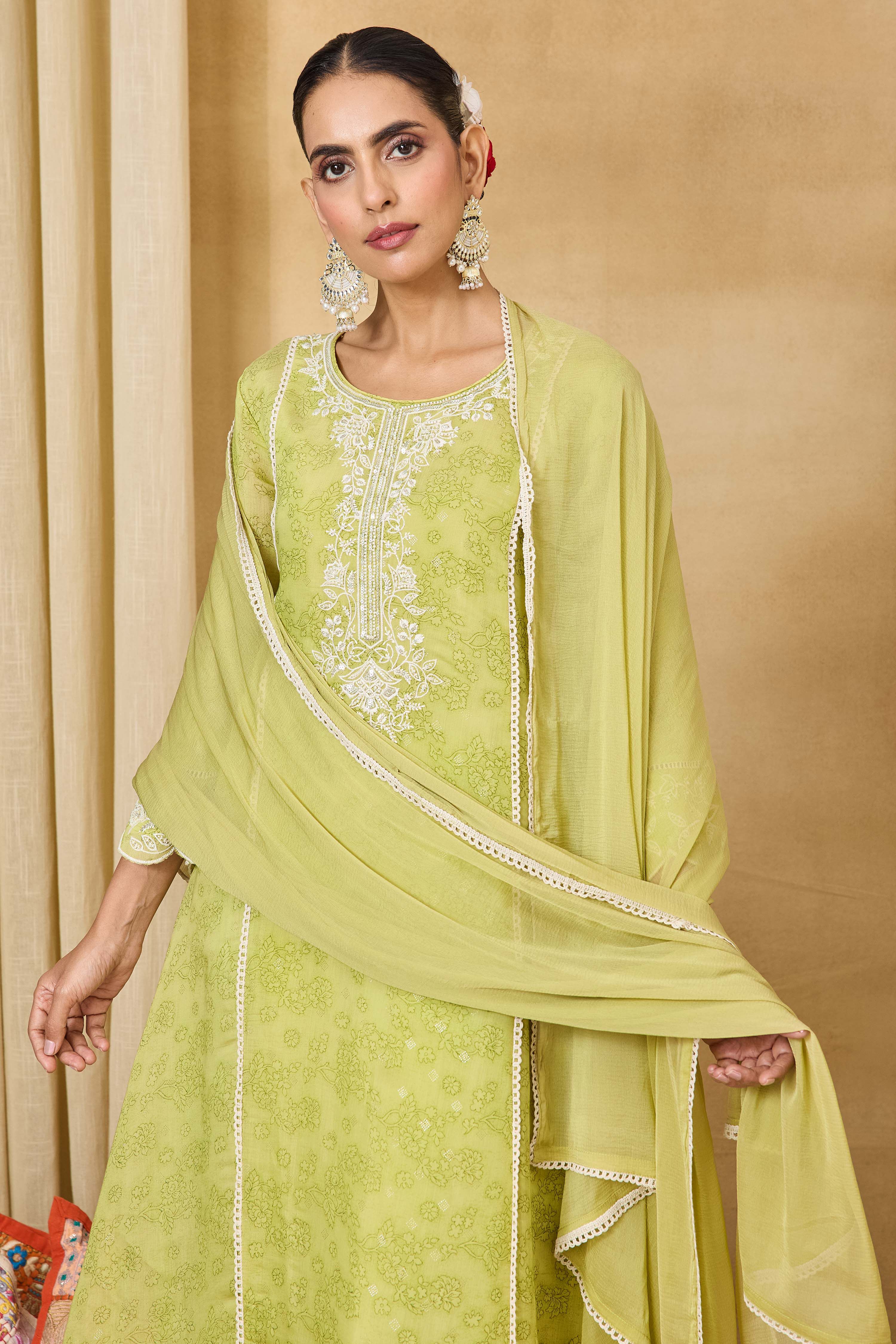 Light Green Polyester A-Line Printed Suit Set image number 8