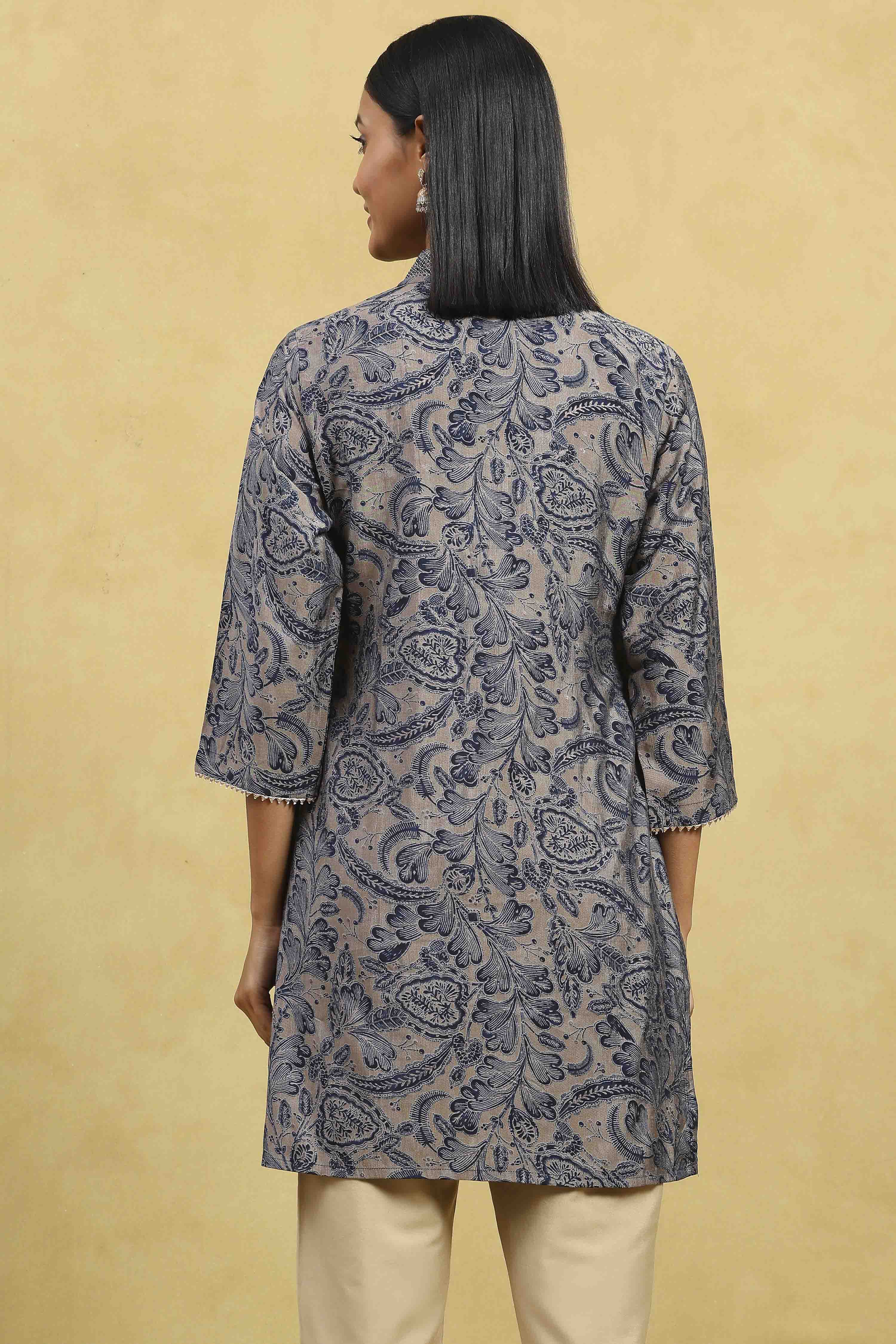 Navy Viscose Blend Printed Straight Top image number 3