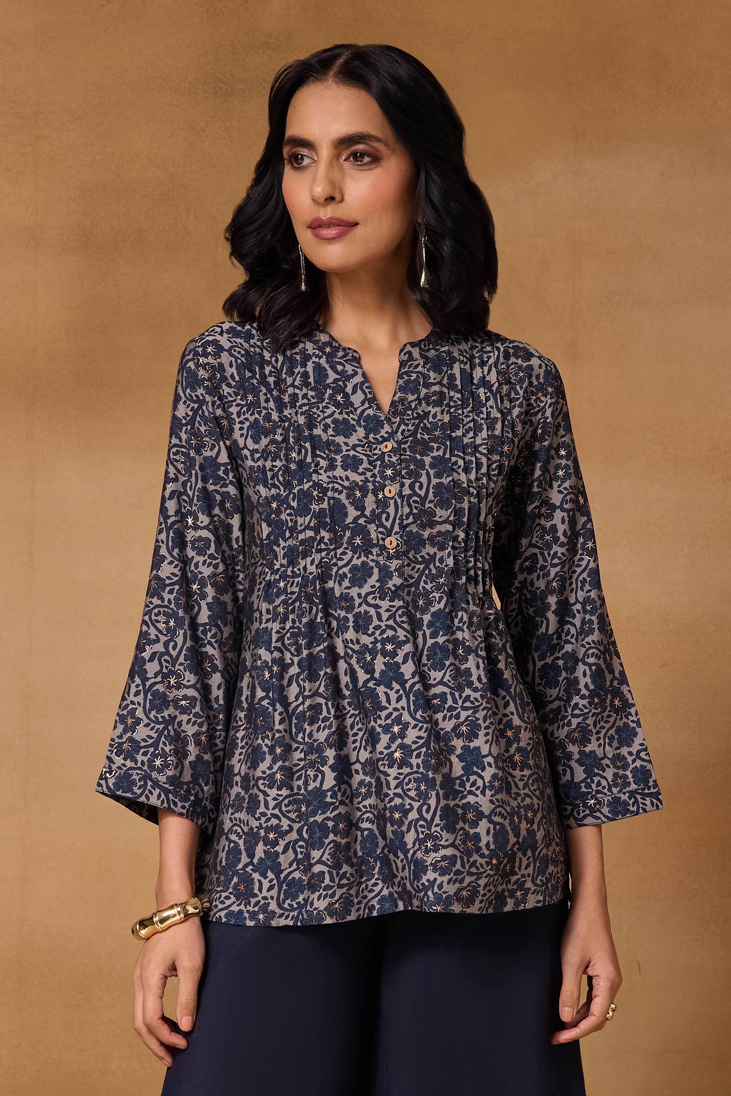 Blue Viscose Blend Regular Printed Top image number 6